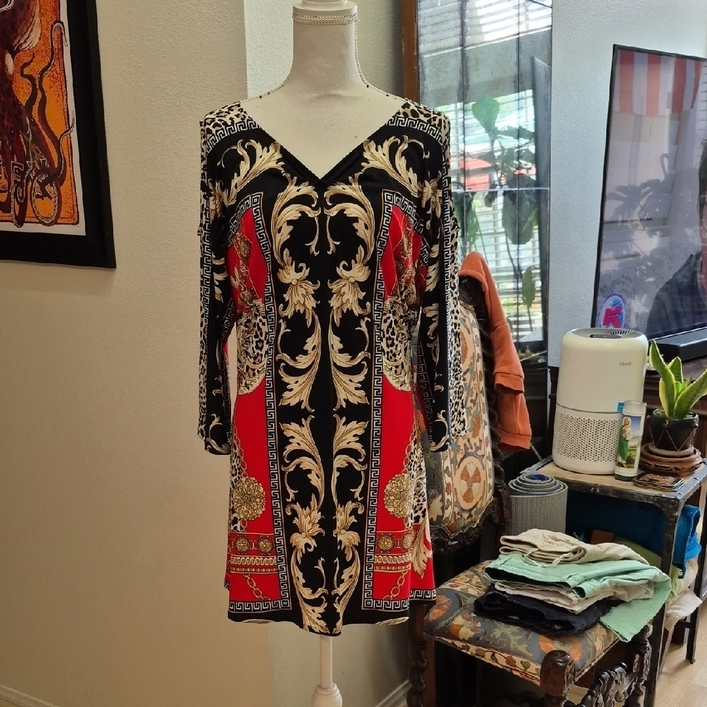 Evovorro Black Red Tan Cold Shoulder Dress 3/4 Sleeve V Neck